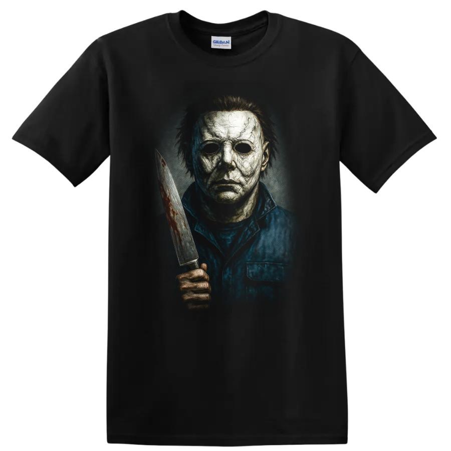 Michael Myers Horror Mask Bloody Knife T Shirt Slasher Movie Villain Creepy Tee