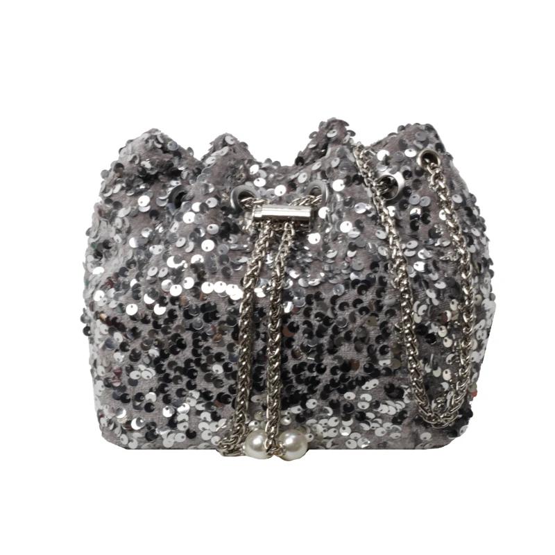 Портативная сумка с пайетками для женщин, новая модная сумка-ведро, универсальная сумка через плечо на одно плечо для ужина