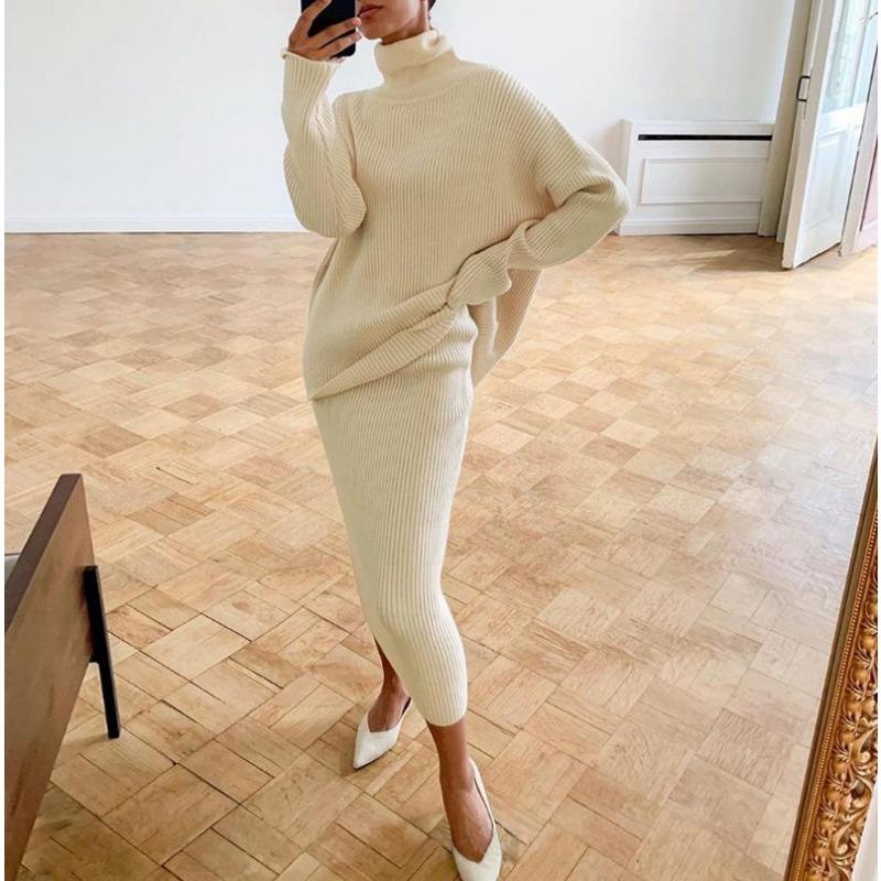 Autumn and Winter Women's Sweater Set Fashion High Neck Loose Fit Women's Set Skirt