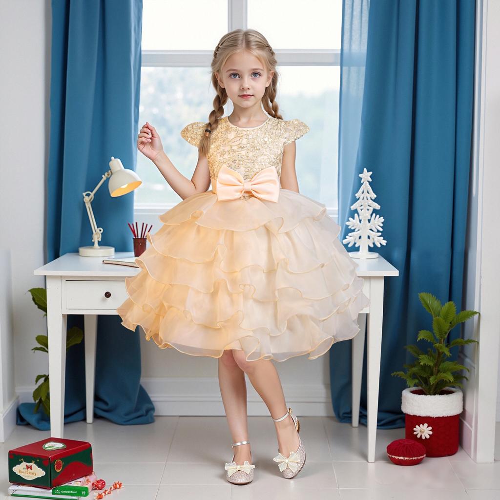 Платья для девочек Стереоскопическое платье принцессы с розами Многослойная сетка Помпон Помпон Платье для девочки-цветочницы Ведущей Свадебное платье Любимое платье маленькой девочки Платья