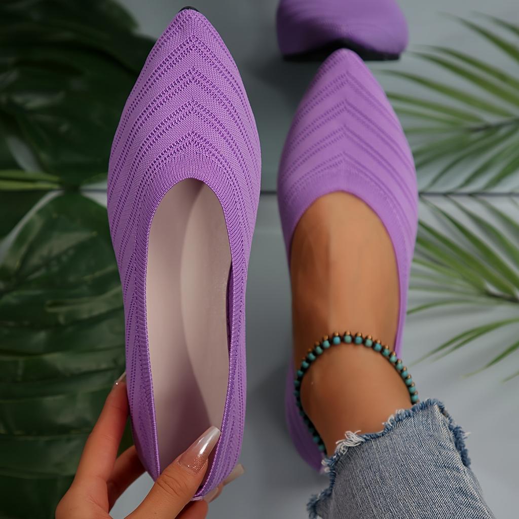 Весна/Лето 2025 Новое поступление Однотонные туфли-лодочки на плоской подошве с острым носком, мягкой подошвой, большого размера, повседневные, дышащие, женские ажурные вязаные туфли