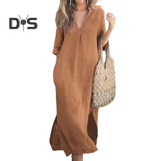 Summer Dress Three-quarter Sleeves Side Slit Loose V Neck Midi Dress with Pockets Solid Color Pleated Pullover Calf Length Casual Dress