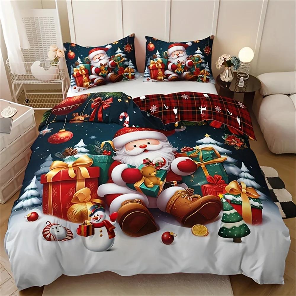 3pcs Christmas Bedding Set - Santa & Snowman Print Duvet Cover and Pillowcases, Breathable Polyester, Machine Washable - Perfect
