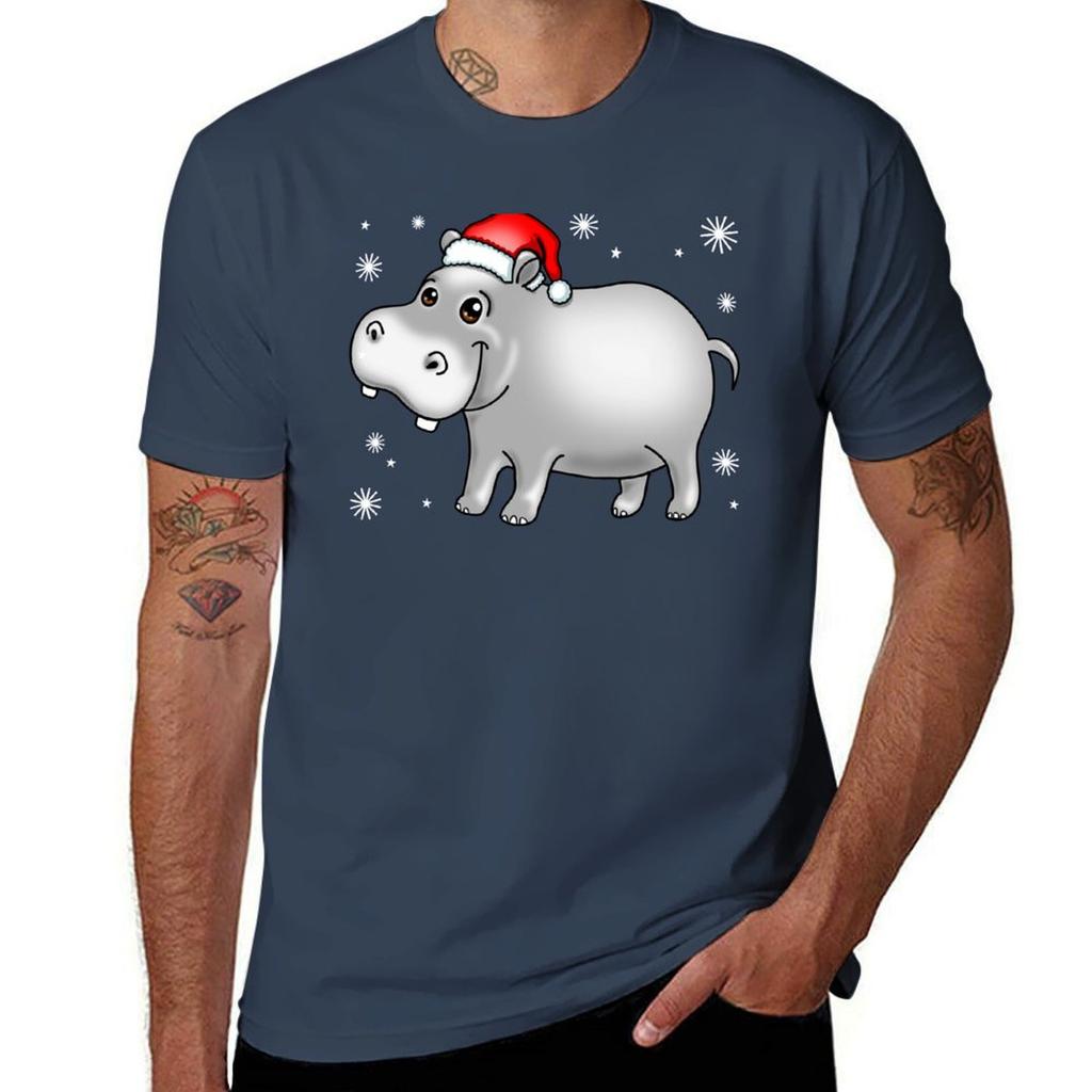 Cute Hippo For Christmas Hippopotamus Tshirt Unisex T Shirt Designer Cotton T Shirts High Quality Unisex T Shirt Graphic Tshirt