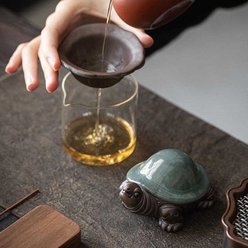 Ceramic Little Turtle Tea Set Filter Cute Animal Figurine - Handmade Sculpture Home Decoration Kung Fu Tea Set Accessories