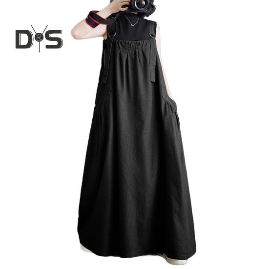 Женский джинсовый комбинезон, свободное платье-комбинезон без рукавов в стиле бохо с карманами, платье-сарафан с широким подолом и регулируемым ремешком