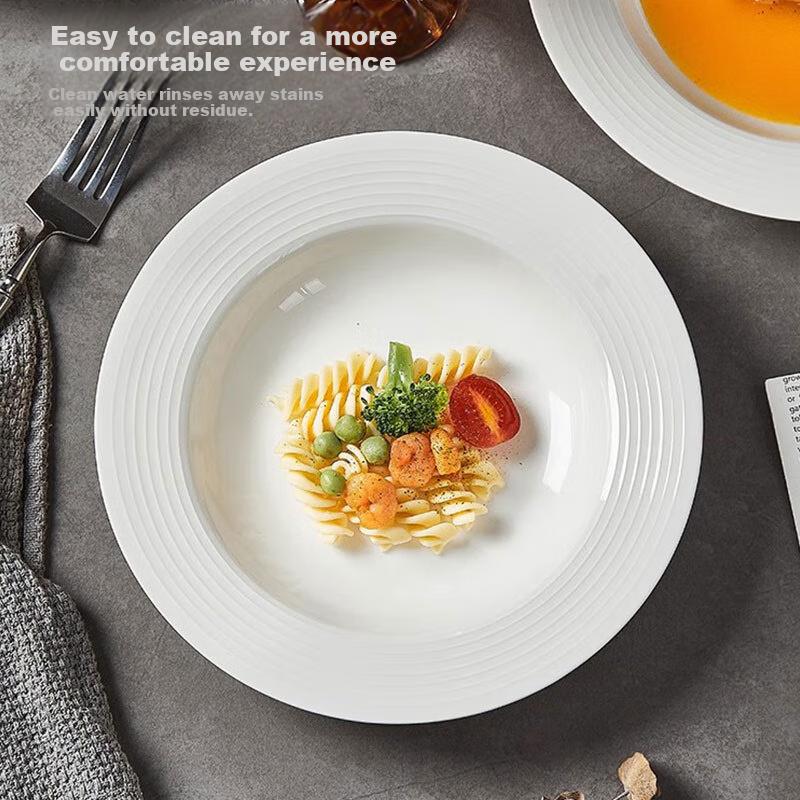 JIWUSENLIN Straw Hat Plate Home Salad Plate Threaded Ceramic Soup Plate Western Pasta Plate White 8.5 Inch 4 Pack