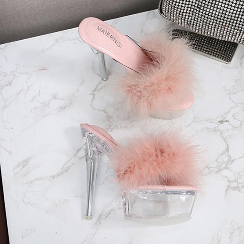 Женские туфли на шпильке, прозрачные пушистые пикантные модные сандалии на каблуке 14 см и платформе 4 см WZ