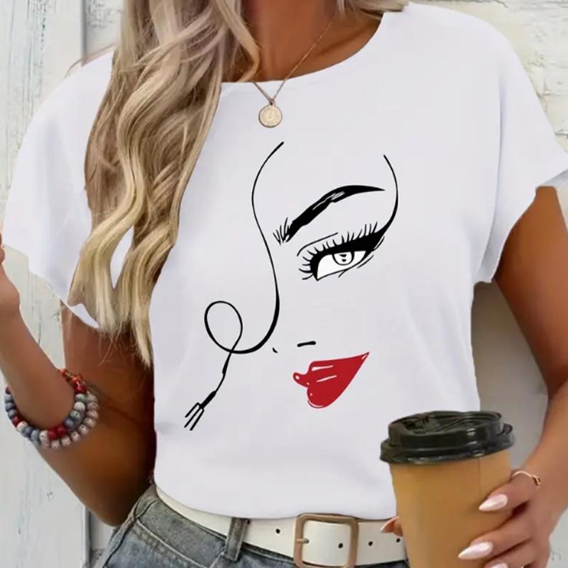 Fashion Women Simple Fashionable Facial Features Print T Shirt Funny Casual O-neck Short Sleeves T-shirt Summer Female Tee Shirt