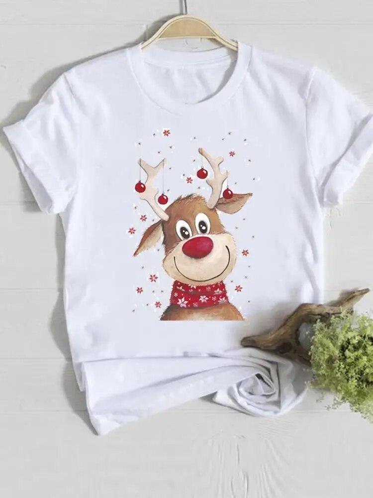 Deer Cartoon Style 90s Christmas Happy New Year Female Women Clothes Print O-neck Lady Casual Fashion Shirt Tee Graphic T-shirt