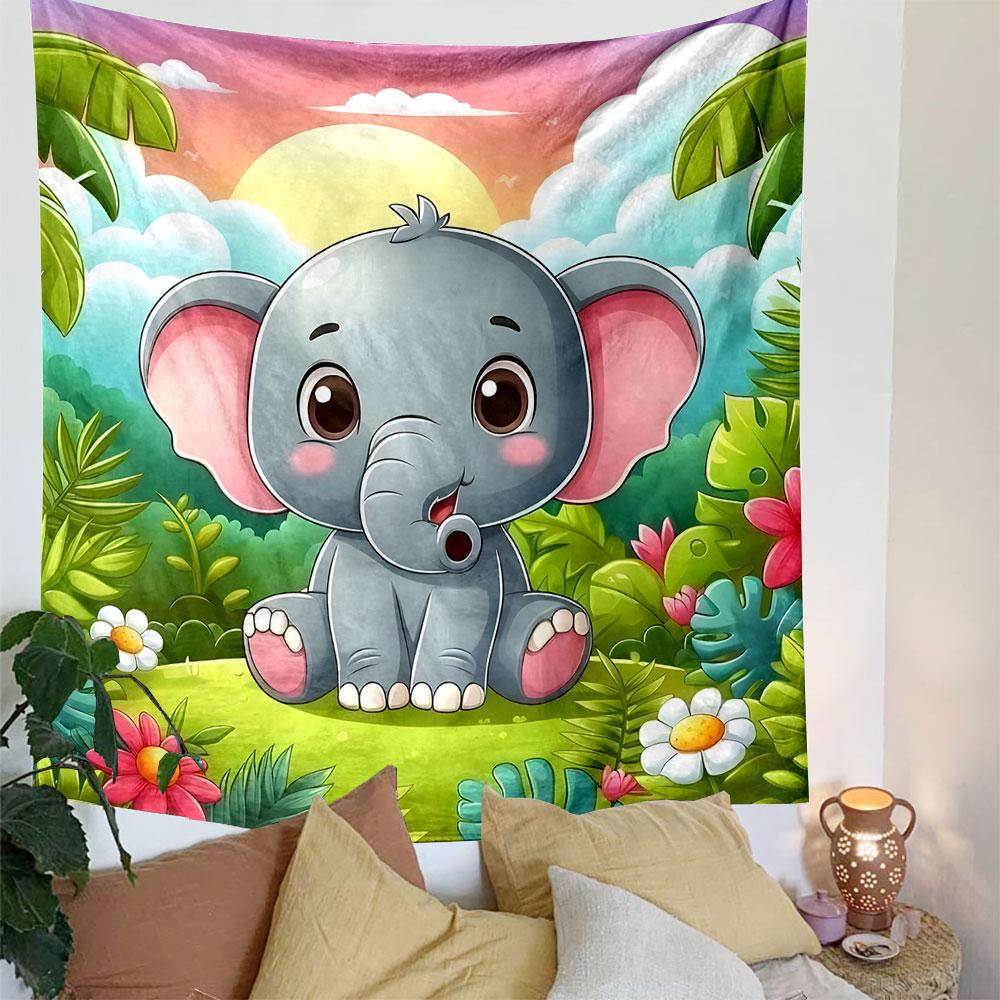 Cute Cartoon Baby Elephant in Jungle Scene Patterned Tapestry Decorative Wall Hanging, Home Bedroom Living Room Decor