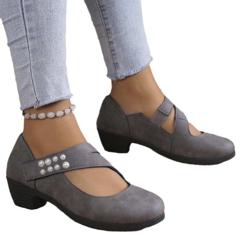 Женская повседневная обувь 2024 Осень Мода Жемчуг Круглый носок Средний каблук Женская Повседневная Обувь на высоком каблуке Массивная обувь Обувь Большой размер 43