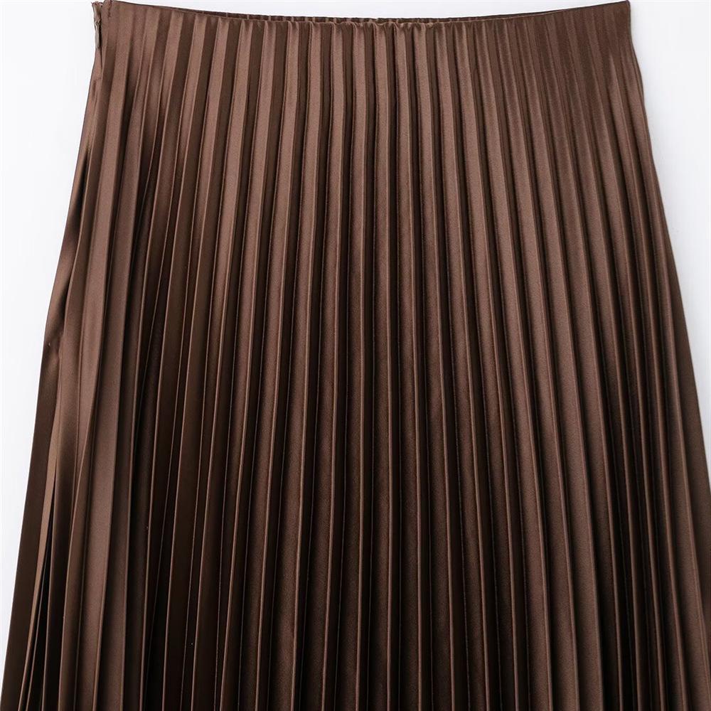 Весна 2025 Женская приталенная миди-юбка из шелкового сатина с плиссировкой и высокой посадкой
