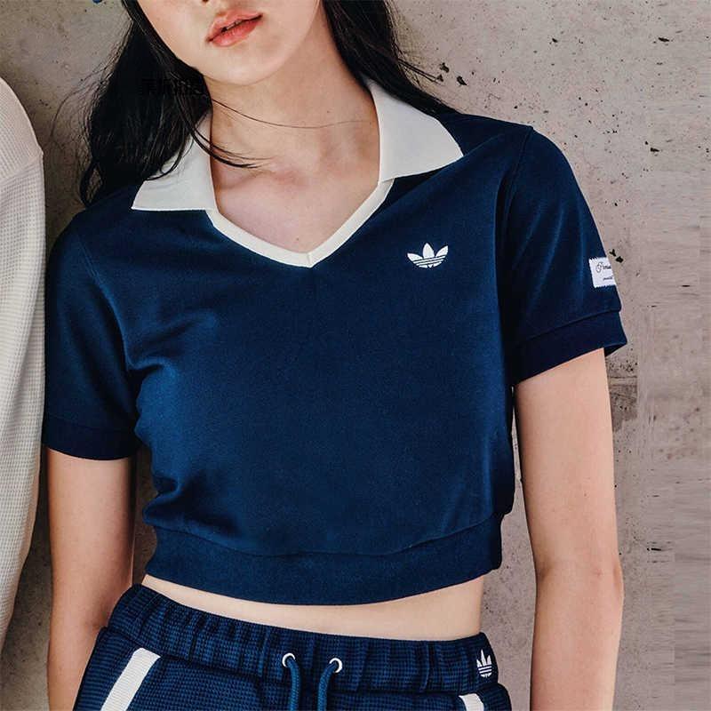 adidas Originals X Notitle FW23 Контрастная укороченная рубашка поло с V-образным вырезом, женские топы, синяя IN1083