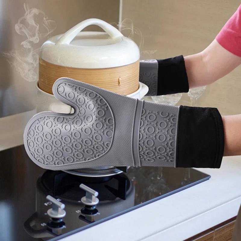 Утолщенные силиконовые перчатки для выпечки, водонепроницаемые термостойкие рукавицы для духовки с хлопком, кухонные перчатки для приготовления пищи в микроволновой печи, прихватки для кастрюль