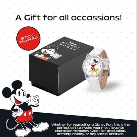 Disney Микки Маус Взрослые Классические Кардифф Сочлененная Рука Аналоговые Кварцевые Часы на Кожаном Ремешке Белый 2 - Серебристый Корпус/Белый