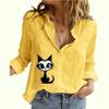 Women Fashion Buttoned Shirt Spring&summer Thin Cotton Linen Top Casual Cat Print Long Sleeved Blouse