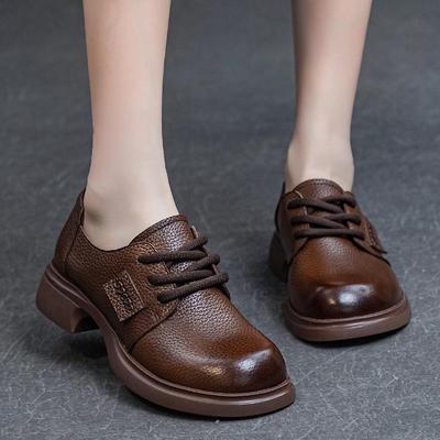 Осенние женские туфли на шнуровке из мягкой коровьей кожи 2023 г. — толстый каблук средней высоты, мягкая подошва, глубокий вырез — всесезонная одежда.