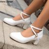 Fashion Women's Medium White Heels Spring Cross Ankle Strap Mary Janes Shoes Black Heeled Office Wedding Dance Shoes Dress Pumps Elegant