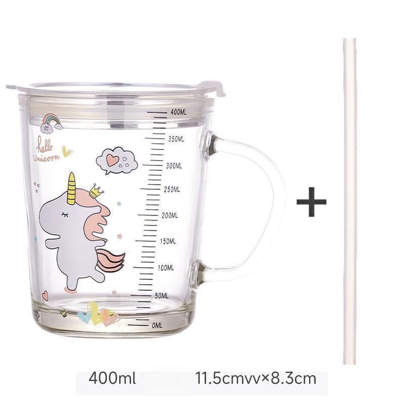High Quality Kids Straw Cup with Lid and Handle Cute Glass Tumbler with Scale for Water Tea Milk Coffee Elephant Cartoon Pattern