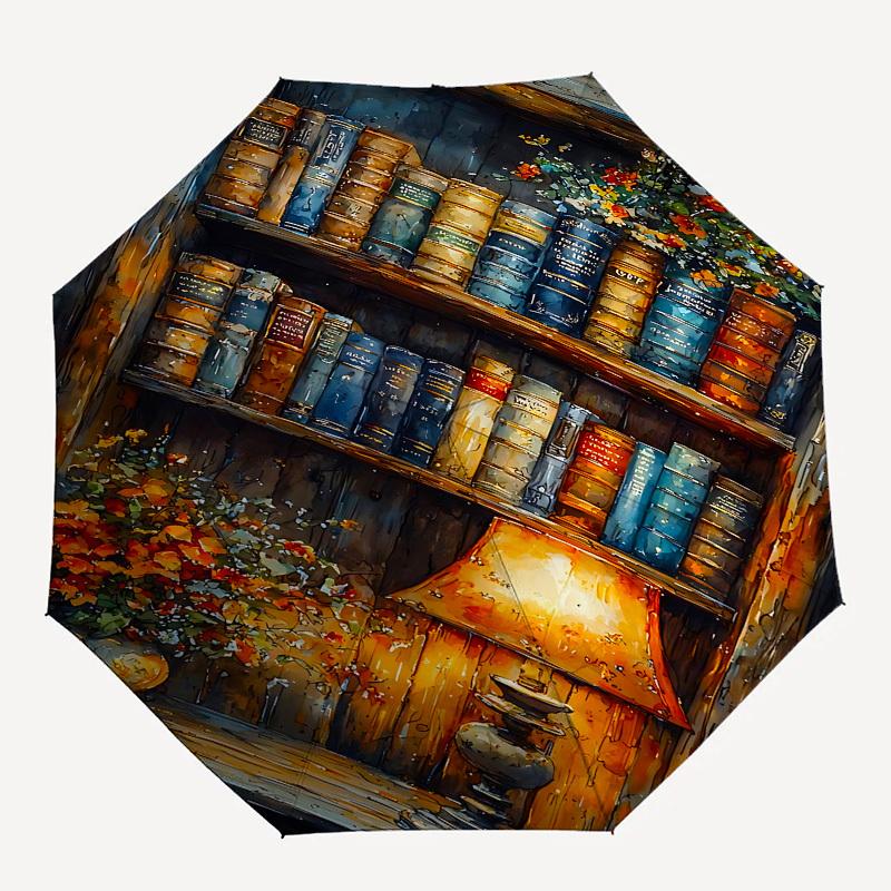 Bookshelf, Lamp Themed Automatic Opening and Closing Umbrella, Brightly Colored 8-rib Portable Umbrella, Suitable for Men and Women, A Perfe