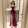 Elegant Black V Neck Sexy Slim Fit Bodycon Dress for Women with Thin Straps High Slit Mermaid Style Floor Length Formal Evening Nightclub Party Gown