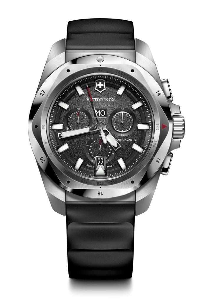 Часы VICTORINOX CHRONO Хронограф Корпус из переработанной нержавеющей стали Черный циферблат Черный каучуковый ремешок Водонепроницаемый Быстросъемный Устойчивое к царапинам покрытие