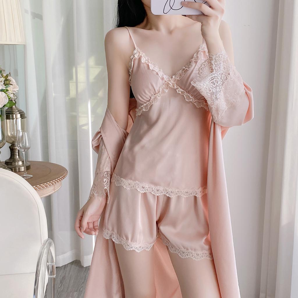 Sexy summer solid color thin women's suspender shorts set ice silk nightgown women's three-piece loungewear simulation silk