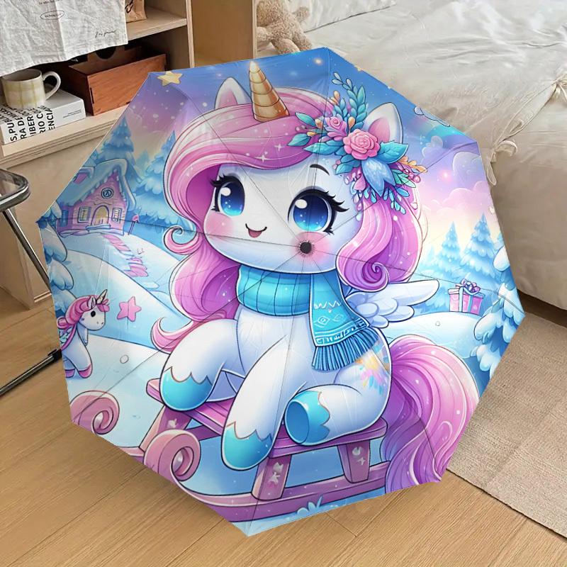 1PC Unicorn Winter Automatic Open/Close Umbrella with Windproof, 8-Rib Sturdy Canopy, Durable Ribs, Fashionable Design, Outdoor Accessory, Fun Prin, H