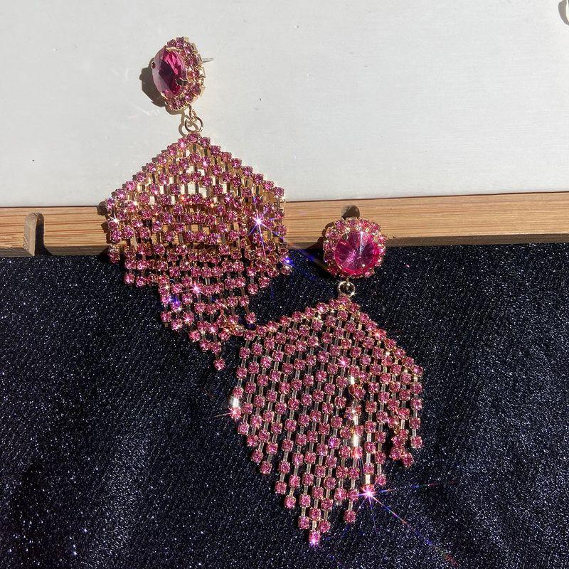 Jiao Jiao Same Geometric Rose Red Stud Earrings Pink Rhinestone Tassel Drill Chain Exaggerated Earrings Fashion Face Slimming Earrings