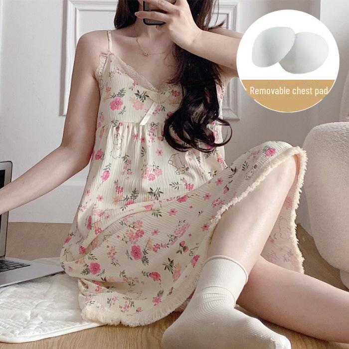 Летняя ночная рубашка с цветочным принтом и нагрудными подушечками - Милая, свободная, средней длины пижама