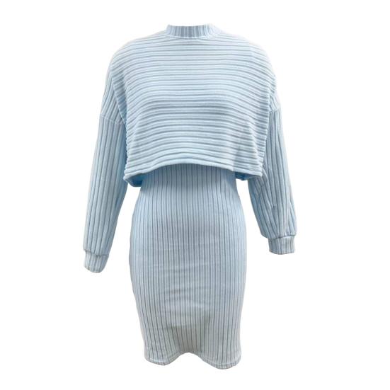 2 Pcs/Set Women Top Dress Suit Mock Collar Thread Long Sleeve Sweater V Neck Sheath Slim