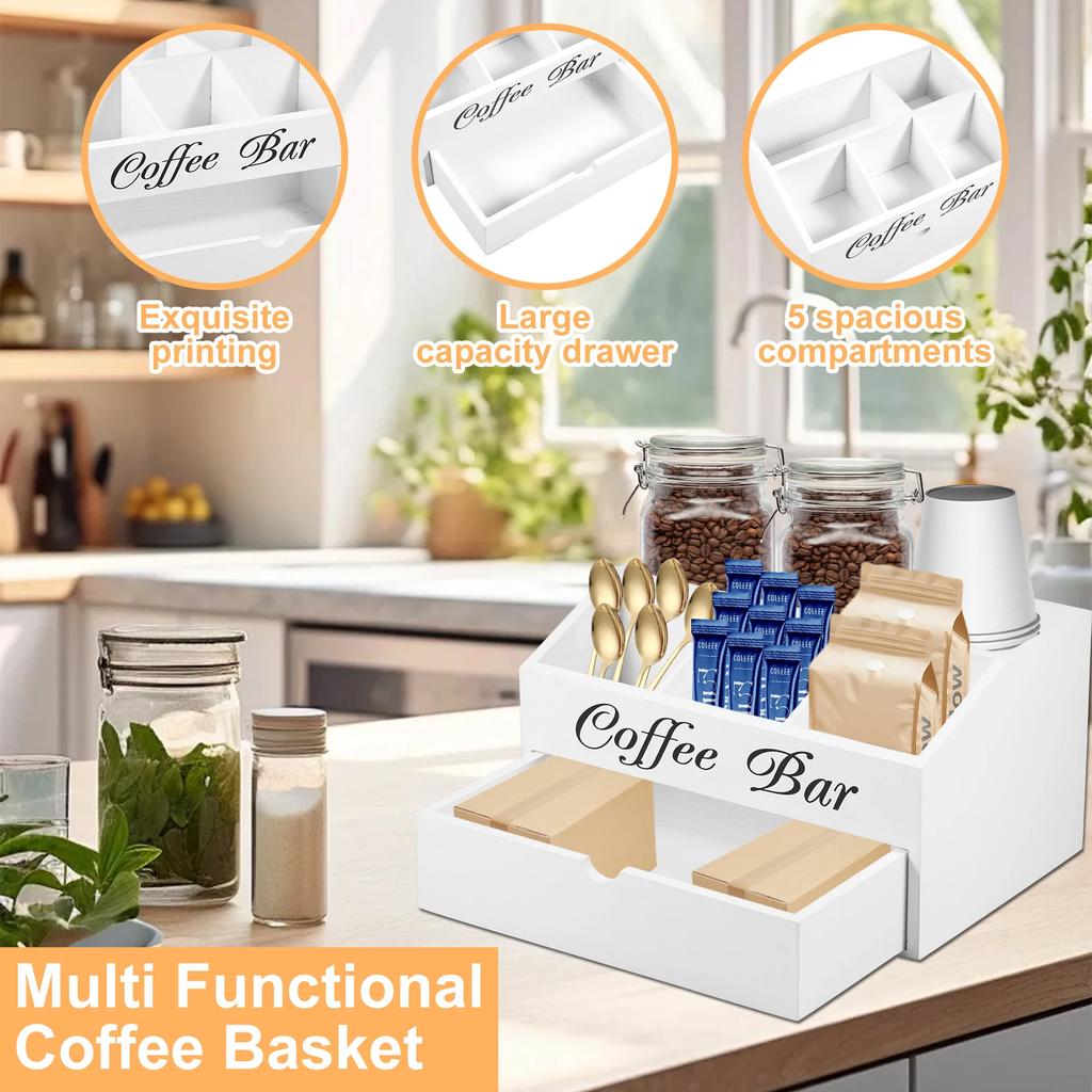 Органайзер для кофейного бара с ящиком Деревянный органайзер для аксессуаров кофейного бара Органайзер для кофейной станции Универсальный держатель для кофейных капсул Новый
