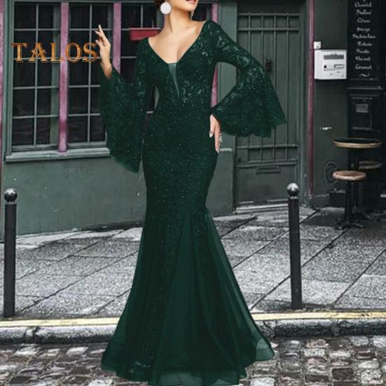 Женское вечернее платье с V-образным вырезом, прозрачной кружевной вышивкой, расклешенными рукавами, бальное платье А-силуэта, подол «рыбий хвост», облегающее коктейльное вечернее платье, выпускной, банкетное платье макси