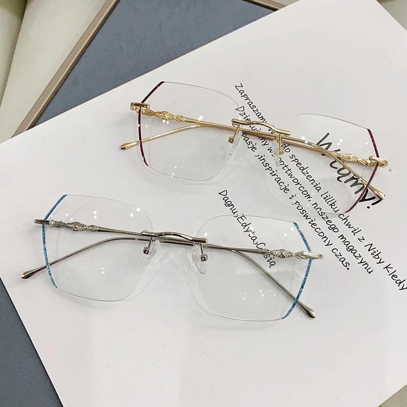 Модные очки для близорукости, без оправы, с отделкой, женская оправа для очков, легкие, готовые очки для уличных фото, женские очки