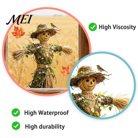 Autumnal Home Embellishment Scarecrow Window Stickers with Realistic Maple Leaf, Pastoral Decals, Waterproof Holiday Party Ornament PVC Static Clings