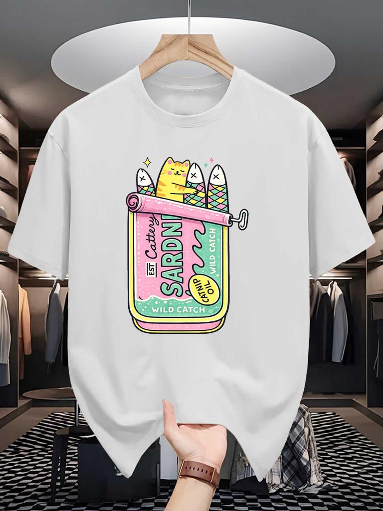 Unisexs Crew Neck T Shirt Funny Cat Hiding Inside Sardine Can Colorful Cartoon Graphic Short Sleeve Casual Cotton Fun Street Tees