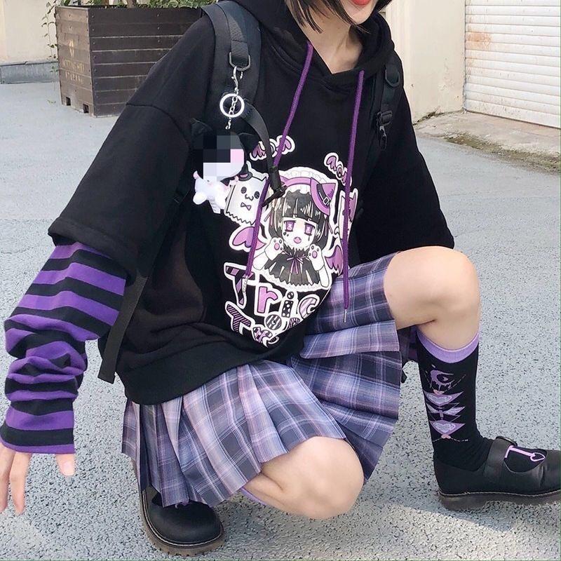Женские толстовки с принтом Kawaii, черный спортивный костюм с капюшоном и длинными рукавами, негабаритная готическая толстовка