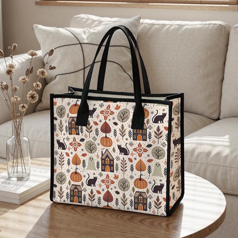 Halloween Themed Tote Bag Portable Casual Canvas Shopping Handbag for Daily Use