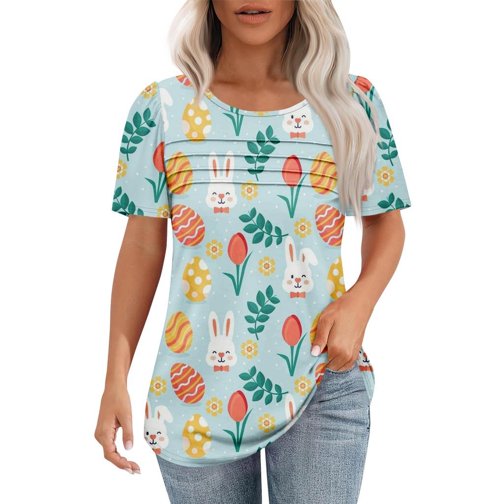 Ladies' Fashionable Printed Round Neck Pleated Short Sleeved Shirt
