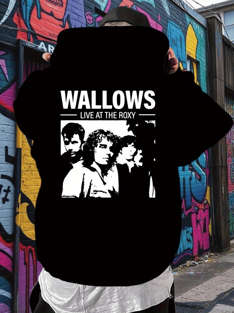 Толстовка "WALLOWS Live at the Roxy" - Черная повседневная толстовка с графическим принтом и карманом-кенгуру