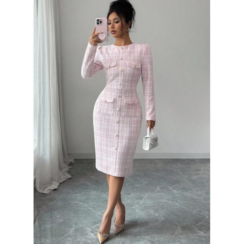 2026 Womens Pink Slim Fit Elegant Dress Square Neck Long Sleeve A Line Mini