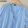 VONDA Women V Neck Puff Sleeve Buttons Up Ruffled Solid Casual Blouse