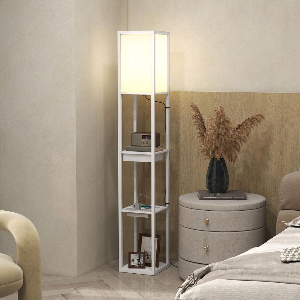 Floor Lamp With 3 Tier Shelf Foot Switch USB Ports MDF White