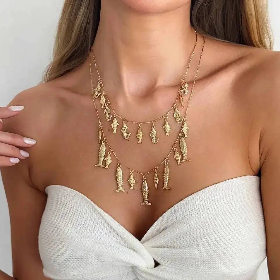 Salircon Bohemia Ocean Elements Small Fish Pendant Necklace for Women Layered Ins Metal Collarbone Chain Charm Jewelry 2026
