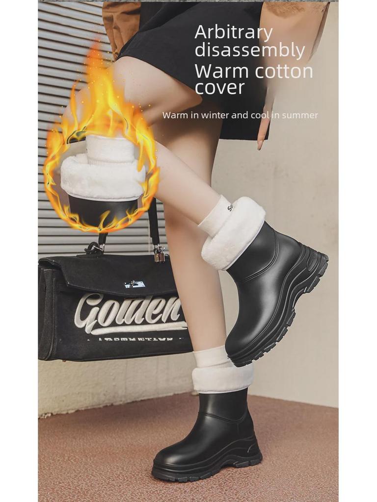 Korean Women's Waterproof, Non-Slip Rain Boots with Warm Cotton Lining & Thick Soles for Outdoor Camping