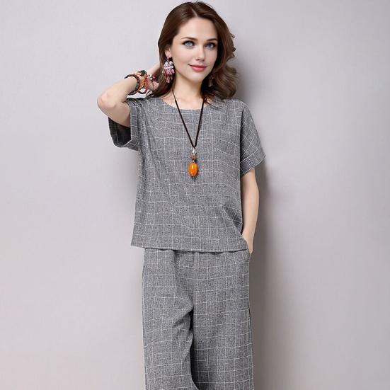 Женский клетчатый комплект из 2 предметов: повседневный комплект из топа с круглым вырезом, короткими рукавами, укороченными брюками и карманами, летний свободный комплект для отдыха