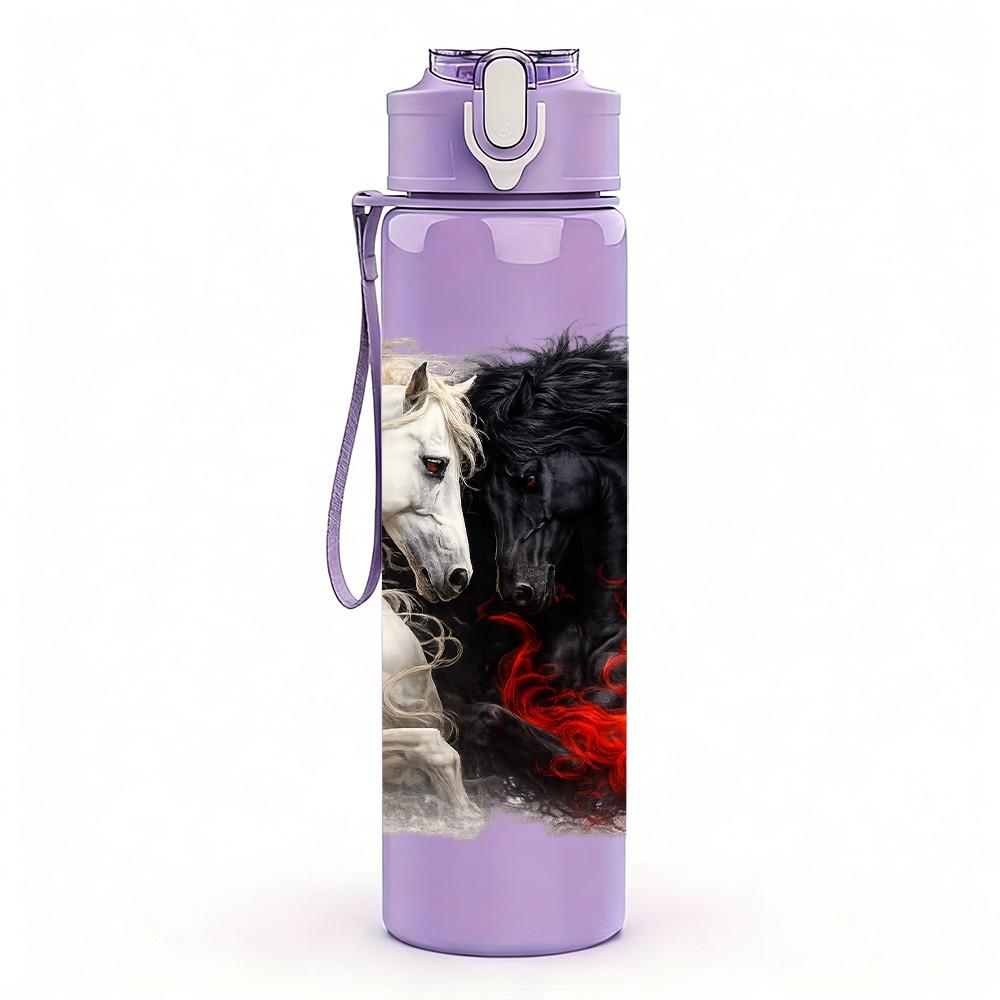 1PC Black White Fluffy Horse Portrait Print 750ml Color Plastic Sports Water Bottle Leakproof Flip Straw Lid Suitable for Sports Office Home Use