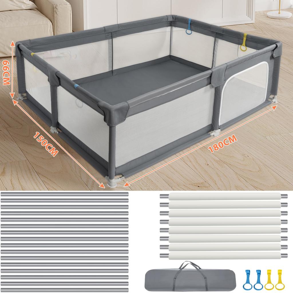 Rxakudedo Манеж большой детский супер просторный моющийся мягкий манеж с серо-черным ограждением 150x180 см, Манеж, Манеж, Нескользящее основание,