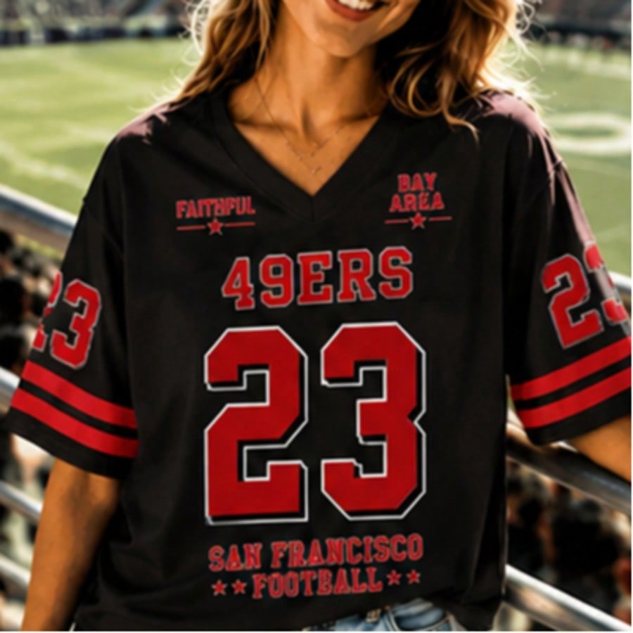 Mesh V Neck Jersey, San Francisco 49ers No.23 Graphic Short Sleeve Breathable Mesh Sport Top For Game Day Fan Outfit